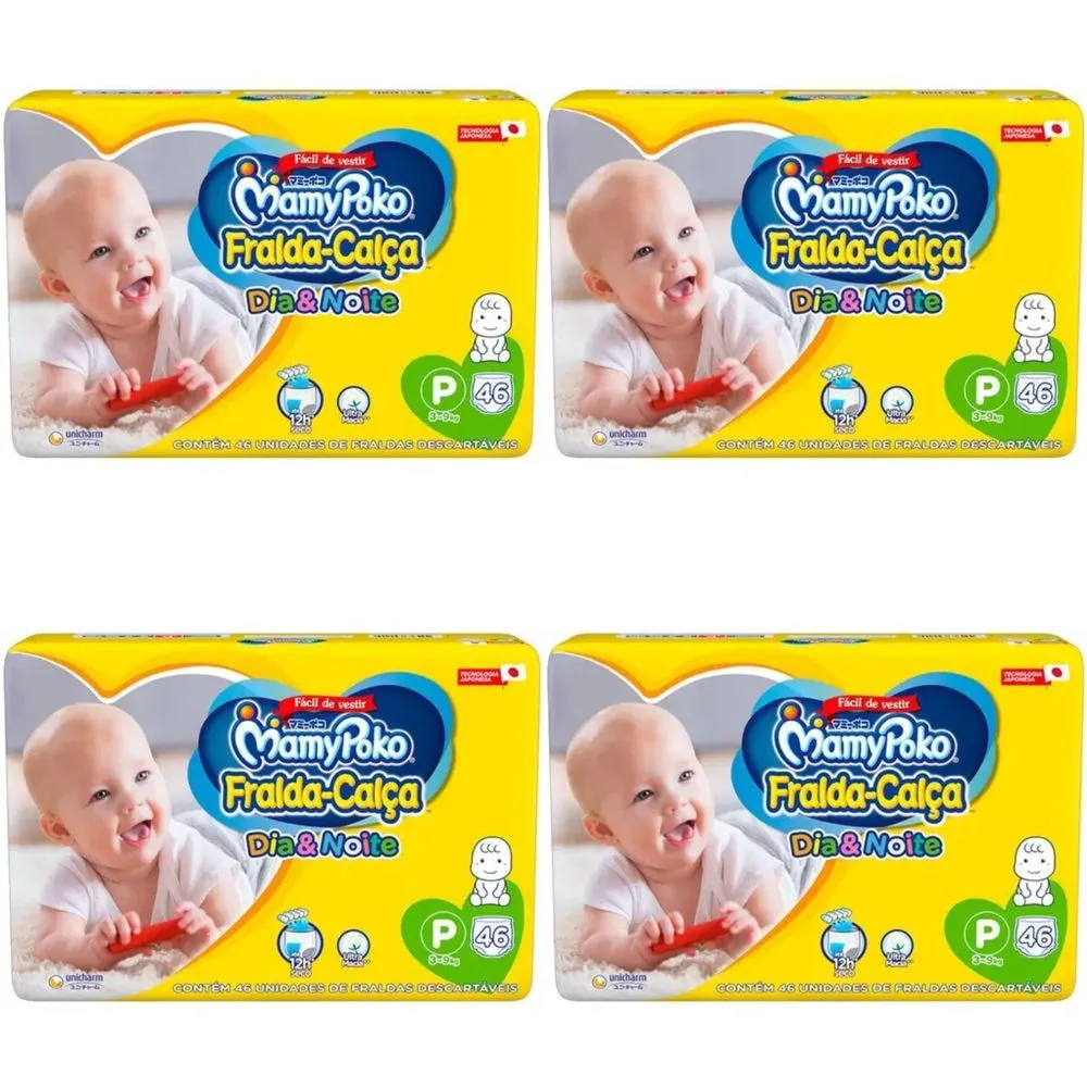 Kit 4 Fraldas Calça Dia&Noite MamyPoko "P" c/46 Unidades cada