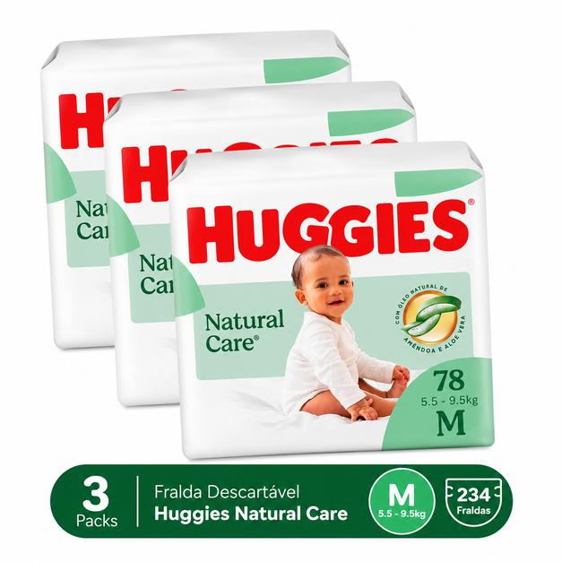 3 Fraldas Descartáveis Huggies Premium Natural Care M 78 Unidades
